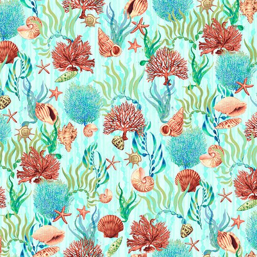 Studio E Deep Blue Sea Tossed Shells Aqua Fabric ONLINE ONLY