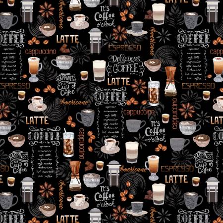 Timeless Treasures Perk Me Up Coffee Motifs Menu Espresso Packed Black Fabric ONLINE ONLY