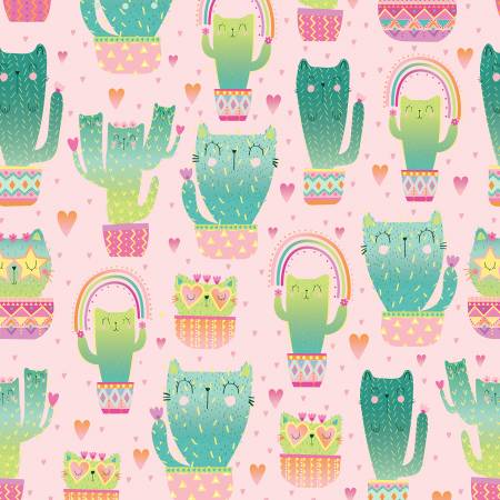 Timeless Treasures Quirky Cat Cacti Pink Fabric ONLINE ONLY