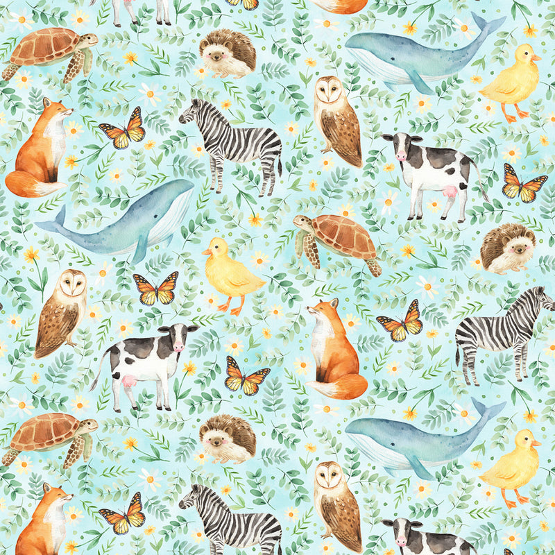 Hoffman Fabrics Love And Learning Sky Animal Toss Fabric