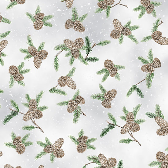 Hoffman Fabrics Whispering Woods Pinecones Frost Silver Fabric