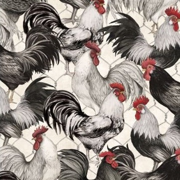 Wilmington Prints Proud Rooster Packed Ivory Black Fabric ONLINE ONLY