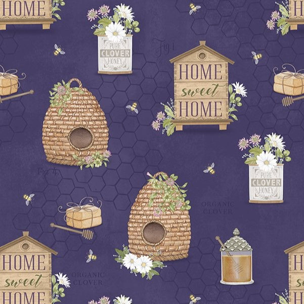 Wilmington Prints Art of Beekeeping Beehives Purple Fabric ONLINE ONLY