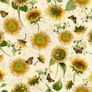 Clothworks Sunflower Song Butterfly Floral Cream Fabric