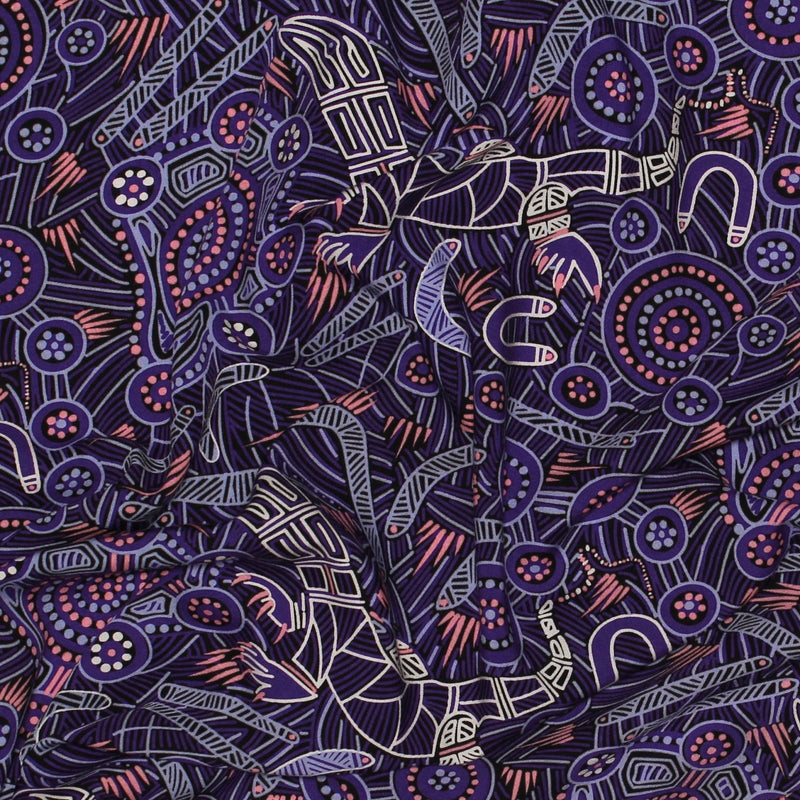 M&S Textiles Man & Goanna 2 Purple Rayon Aboriginal Fabric