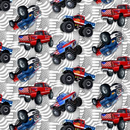 Henry Glass American Truckers USA Silver Tossed Monster Trucks Fabric ONLINE ONLY