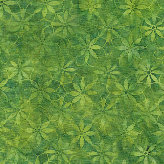 Island Batik Refections Geo Flower Green Evergreen Batik Fabric