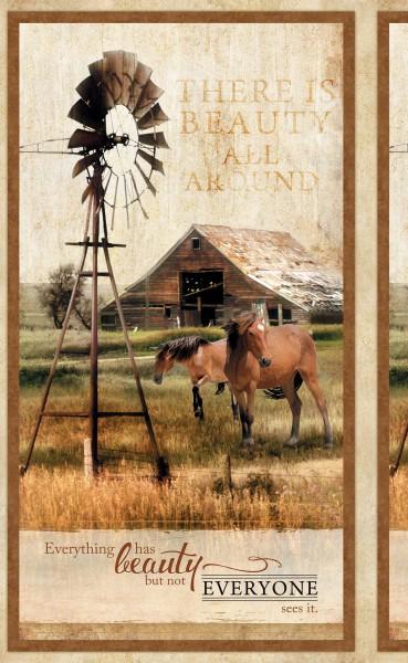 Wilmington Prints Greener Pastures Horse Brown Large Panel Scenic Fabric ONLINE PURCHASE ONLY