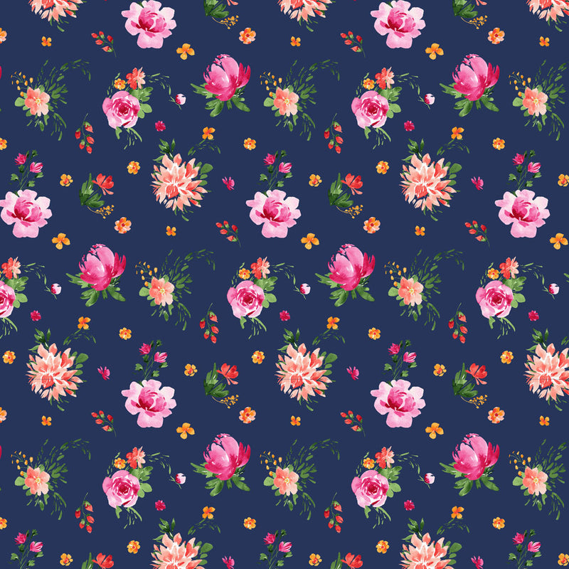 Clothworks Flourish Tossed Floral Navy Fabric