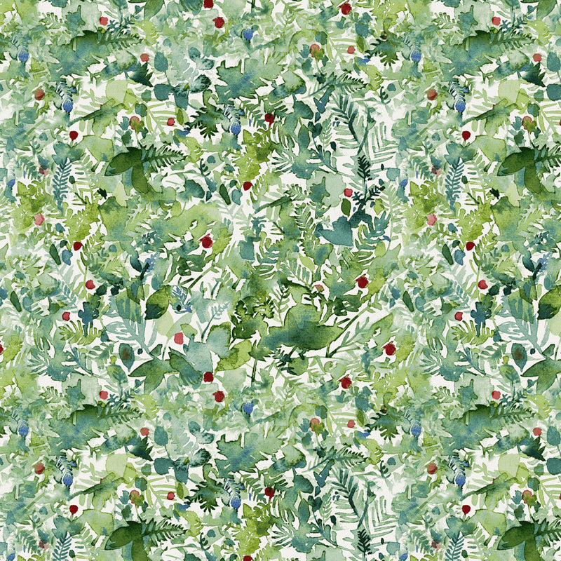 Clothworks Snowman Christmas Foliage Olive Fabric