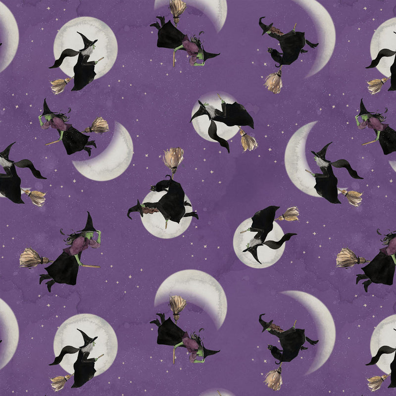 Clothworks Toil And Trouble Digital Witches Purple Fabric