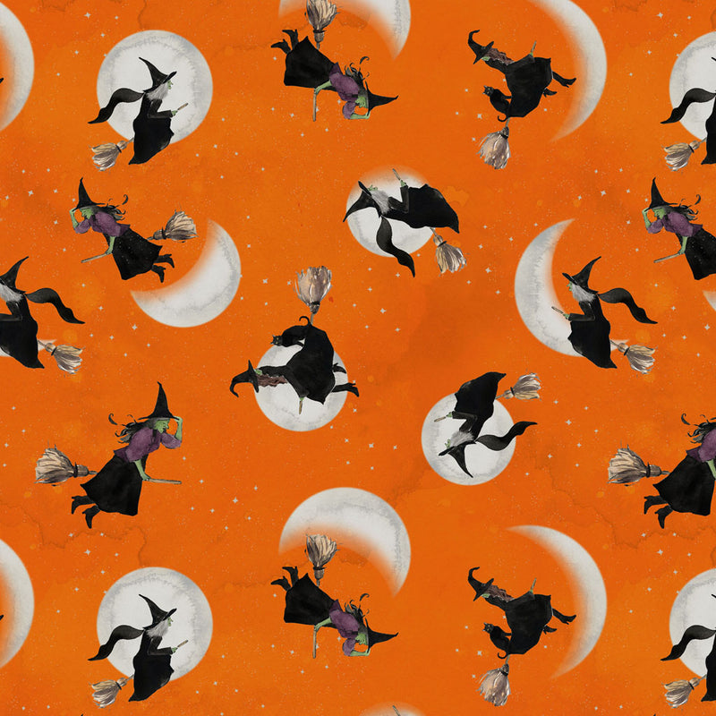 Clothworks Toil And Trouble Digital Witches Orange Fabric
