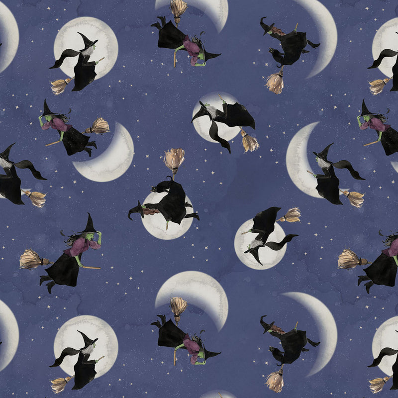 Clothworks Toil And Trouble Digital Witches Dark Denim Fabric
