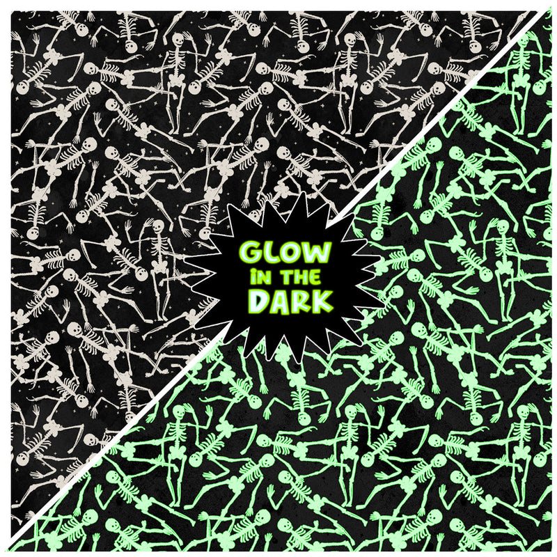 Clothworks Toil And Trouble Glow In The Dark Skeletons Black Fabric