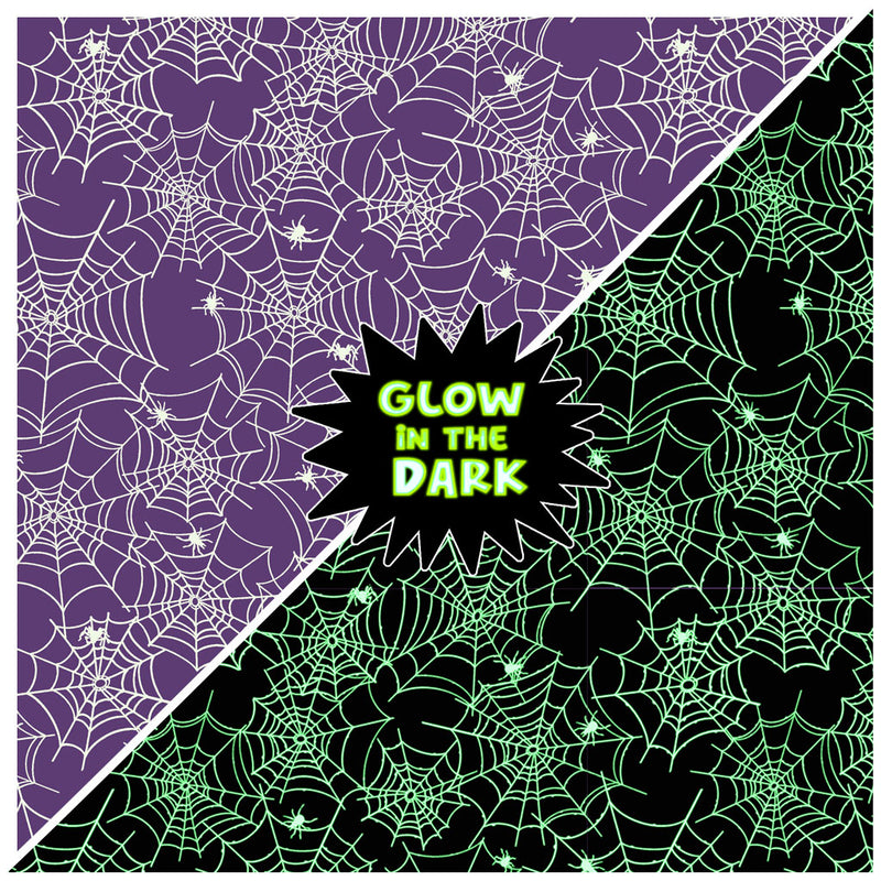 Clothworks Toil And Trouble Glow In The Dark Spider Webs Purple Fabric