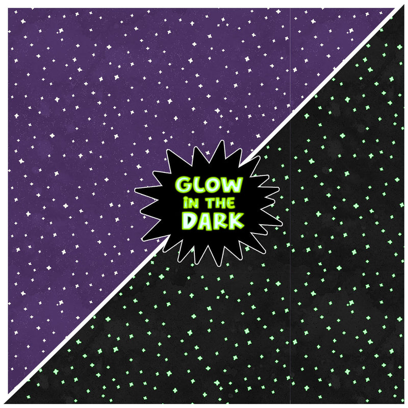 Clothworks Toil And Trouble Glow In The Dark Stars Dark Purple Fabric