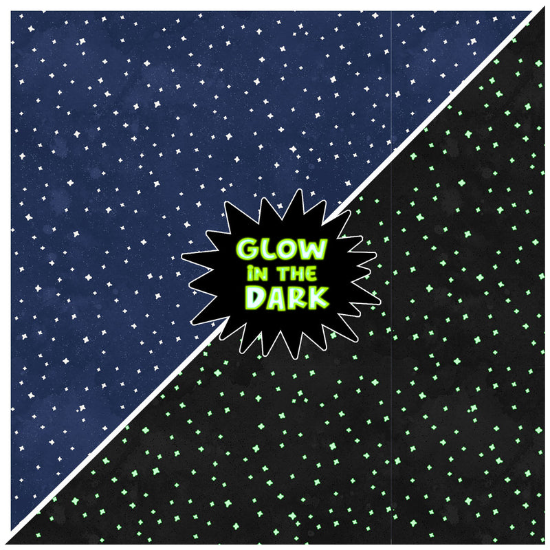 Clothworks Toil And Trouble Glow In The Dark Stars Light Navy Fabric