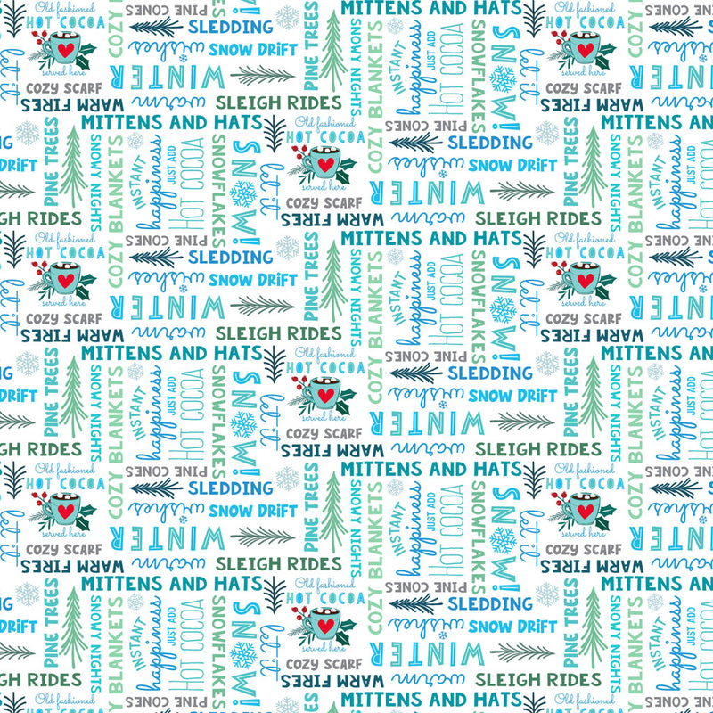 Clothworks Snowdrift Digital Words White Fabric