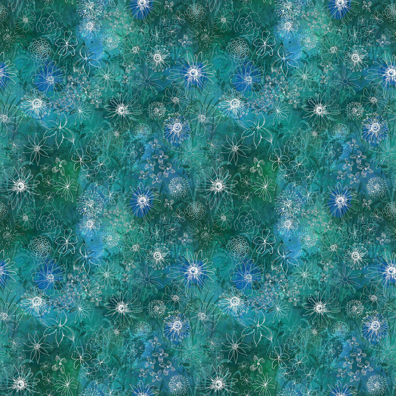 Clothworks Midnight Dreams Digital Meadow Teal Fabric
