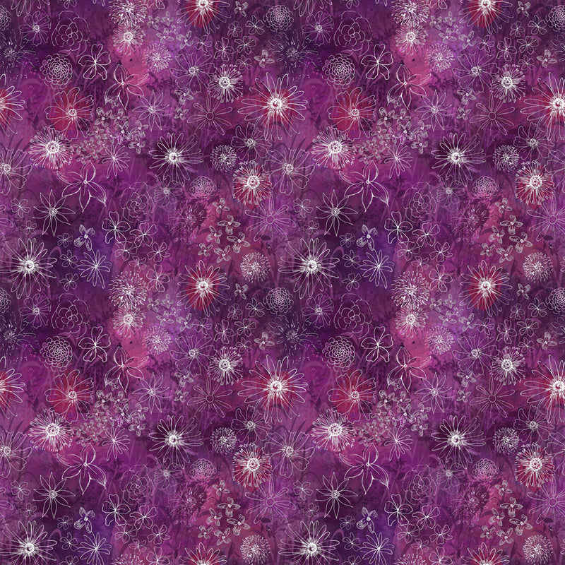 Clothworks Midnight Dreams Digital Meadow Wine Fabric