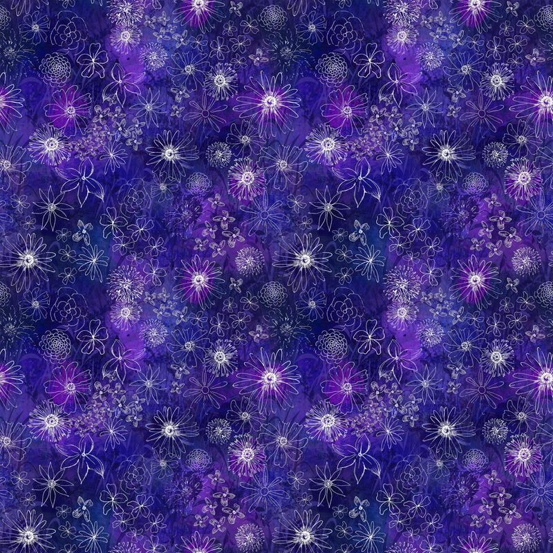 Clothworks Midnight Dreams Digital Meadow Indigo Fabric