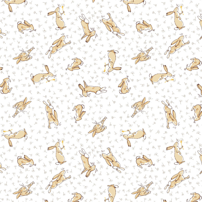 Clothworks Guess How Much I Love You Tossed Bunnies White Fabric