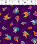 Clothworks Fantasticats Digital Birds Purple Fabric