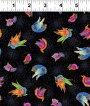 Clothworks Fantasticats Digital Birds Black Fabric