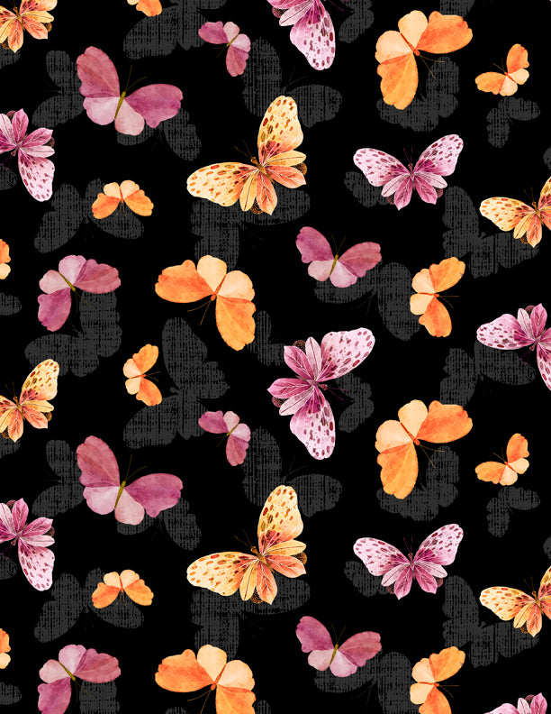 Wilmington Prints Botanical Magic Butterfly Toss Black Fabric