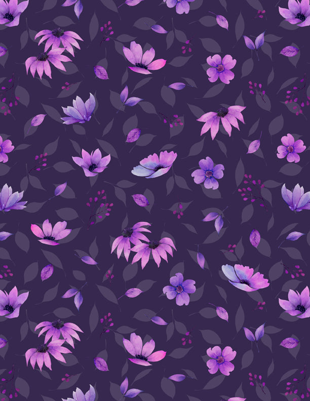 Wilmington Prints Botanical Magic Flower Toss Purple Fabric