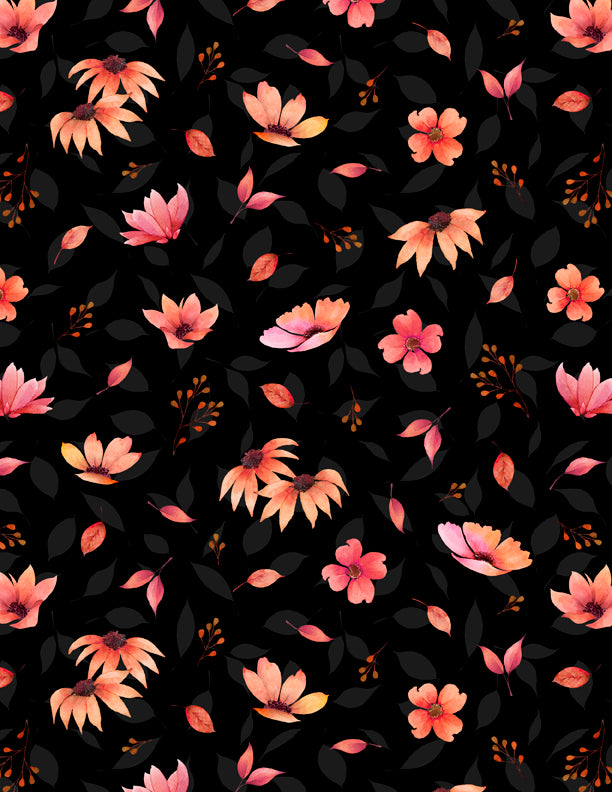 Wilmington Prints Botanical Magic Flower Toss Black Fabric