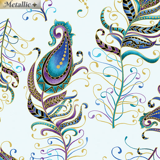 Benartex Peacock Flourish Large Floating Feathers Metallic Teal Fabric