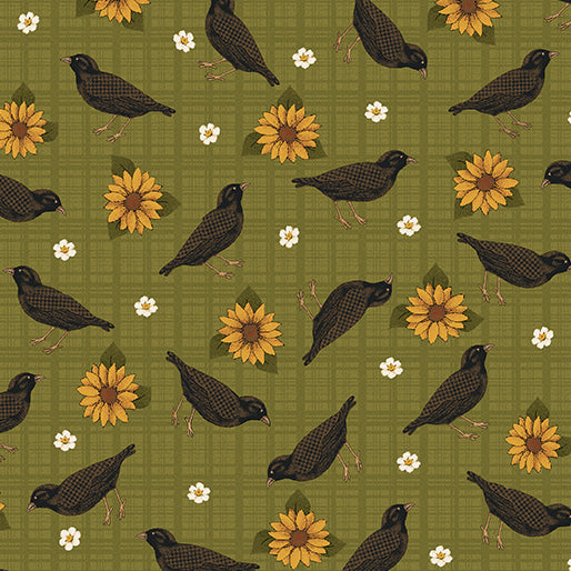 Benartex A Very Wooly Autumn Birds, Leaves And Blooms Green Cotton Fabric