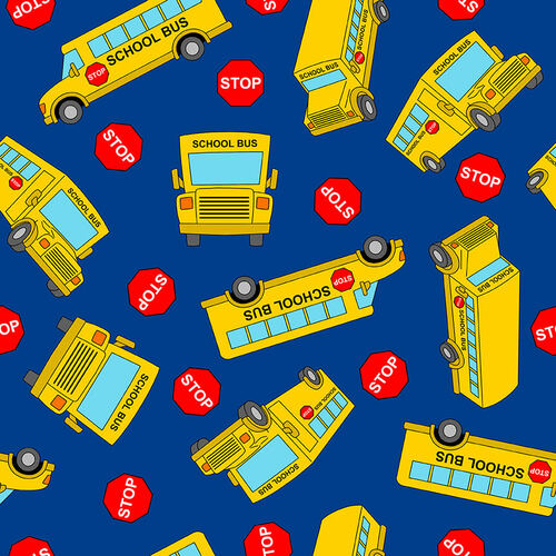 Blank Quilting Top Of The Class Tossed School Buses Blue Fabric