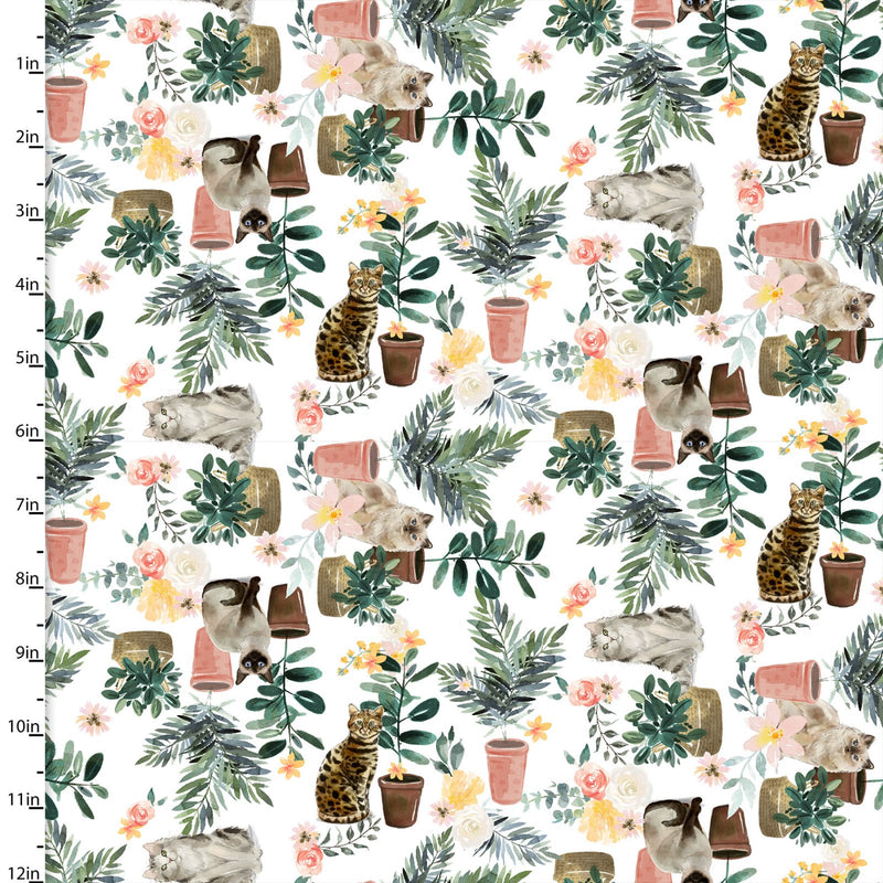 3 Wishes Fabrics Everyday is Caturday Cat Plants White Fabric