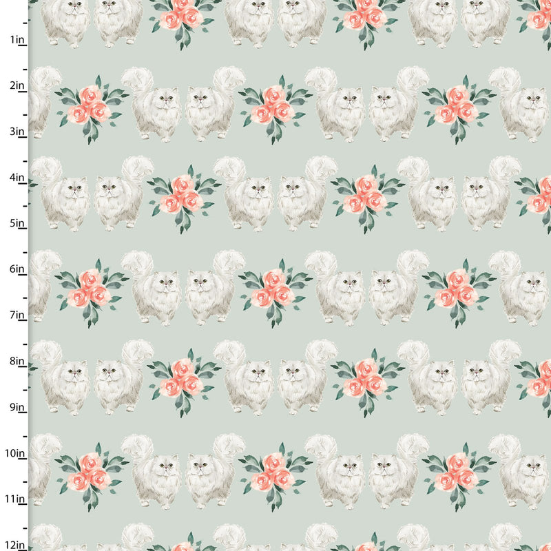 3 Wishes Fabrics Everyday is Caturday White Cats Mint Fabric