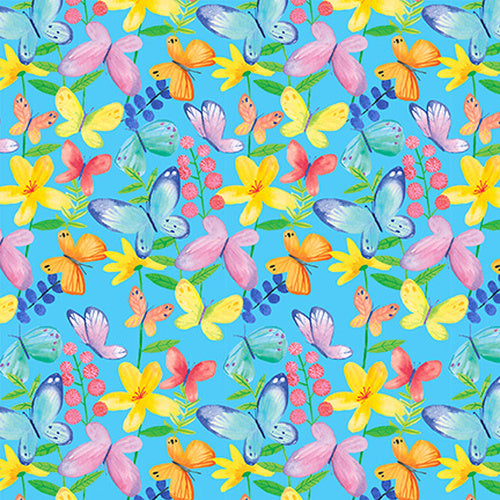 Blank Quilting Bloom Bouquet II Butterflies Medium Blue Fabric