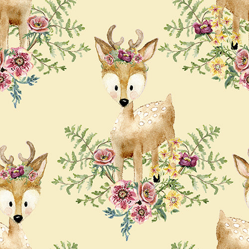 Wishes Fabrics Forest Friends Girl Deer Yellow Fabric