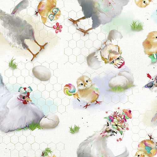 Wishes Fabrics Welcome To The Funny Farm Hens White Digital Fabric