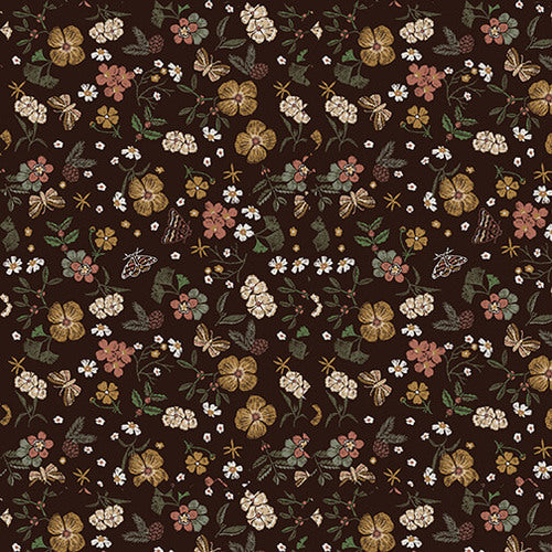 Stof Avalana Jersey Knit Butterflies, Leaves, Flowers Brown Fabric