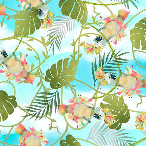 Wishes Fabrics Tropicolor Birds Cockatoo Toss Blue Digital Print Fabric