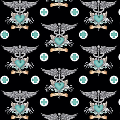 Quilting Treasures What The Doctor Ordered Pattern Nurse Tattoo Color Black/Aqua 24927-JQ