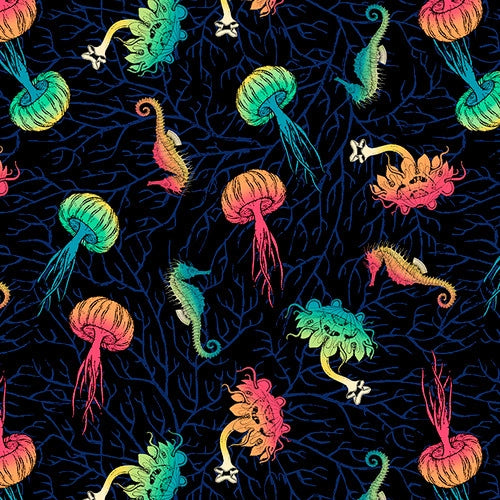 Blank Quilting Ocean Menagerie Jelly Fish And Sea Horses Black Fabric ONLINE PURCHASE ONLY