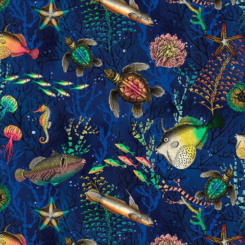Blank Quilting Ocean Menagerie Underwater Scene Navy Fabric ONLINE PURCHASE ONLY