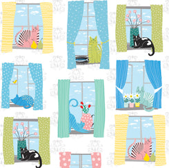 QT Fabrics Whiskers Cats In Windows White Fabric