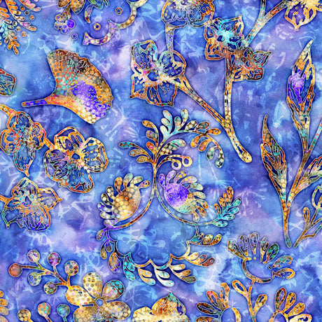 Quilting Treasures Sylvan Spirit Floral Leaf Toss Blue Fabric