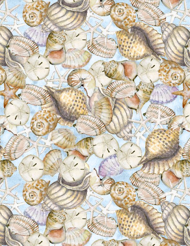 Wilmington Prints Coastal Sanctuary Packed Shells Blue Fabric