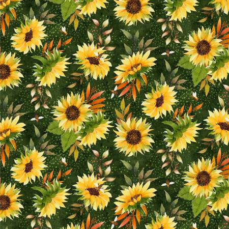 Wilmington Prints Autumn Sun Tossed Sunflowers Green Fabric