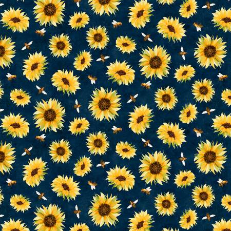 Wilmington Prints Autumn Sun Sunflower And Bee Toss Navy Fabric