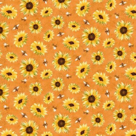 Wilmington Prints Autumn Sun Sunflower And Bee Toss Orange Fabric